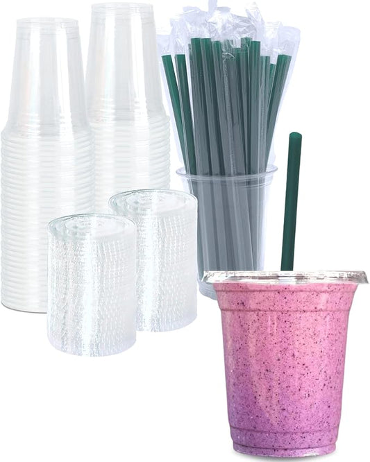 12 oz Clear Plastic Cups with Lids and STRAWS, Disposable Drinking Cups for Cold Drinks, Iced Coffee, Milkshakes, Smoothies, 25 Sets by Cappatua