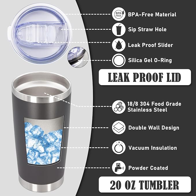 20oz Tumbler Insulated Coffee Tumblers with Lid Stainless Steel Grey 8P | 20 oz Tumblers Double Wall Insulated Vacuum 20oz Coffee Mug Leak Proof Tumblers with Lid Powder Coated - Grey 8 Pack - Image 3