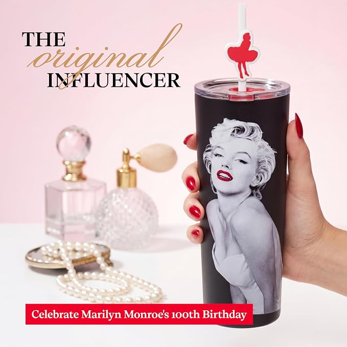 Dragon Glassware x Marilyn Monroe 100th Celebration Tumbler, 24 oz - MM100 | Vacuum Insulated Stainless Steel Tumbler with Straw & Lid; Double Walled Tumbler with Straw Charm; Marilyn Monroe Cup - Image 2