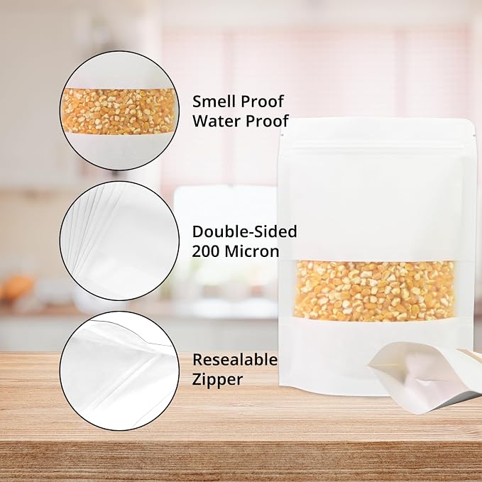 80PCS 5.5"X8" Kraft Paper Bags with Window,Resealable White Small Stand Up Pouches for Food Storage,Reusable Zipper Lock Packaging Bags for Small Business&Personal,Cookie,Snacks,Tea,Coffee - Image 4