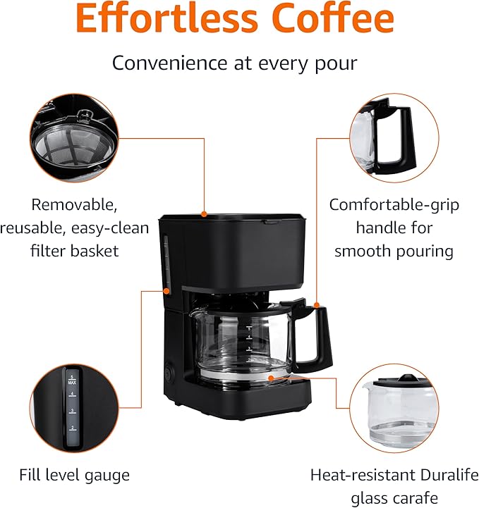 Amazon Basics 5 Cup Drip Coffee Maker with Glass Coffee Pot (0.8 Qt), Auto Shut-off, Auto Pause, Removable Filter Basket, Matte Black - Image 2