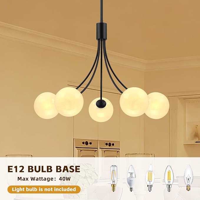Bubble Chandelier, Modern Sputnik Dining Room 5-Light Chandelier with Black Finish and Glass Globes for Kitchen Bedroom Foyer and Living Room - Image 8