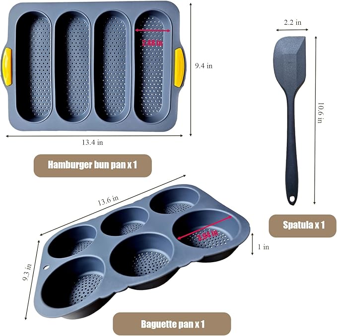 3 PCS Silicone Hamburger Bun Pan and Baguette Pan Set, Non-stick French Bread Baking Mold, 4 Wave French Bread Baking Tray,6 Cup Hamburger Bun Mold with Scraper for Homemade Bread Loaf Sandwich