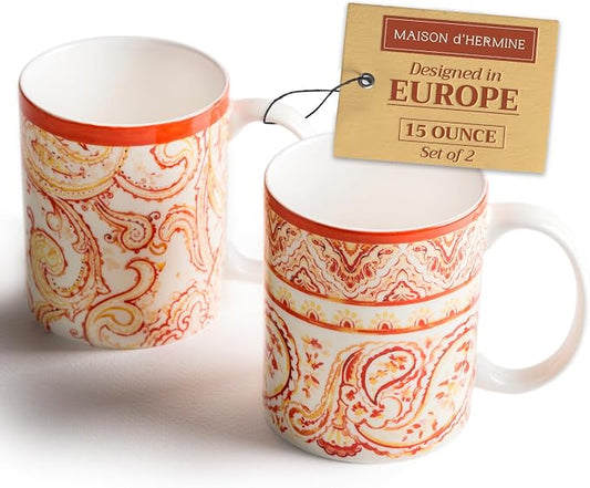 Maison d' Hermine Coffee Mug with Handles Tea Cups (15 Ounce, Pack of 2) | Fine Bone China Coffee Mugs for Hot Beverages Cappuccino Latte Home Restaurant Hotel Spring Summer -Palatial Paisley by MaisondHermine