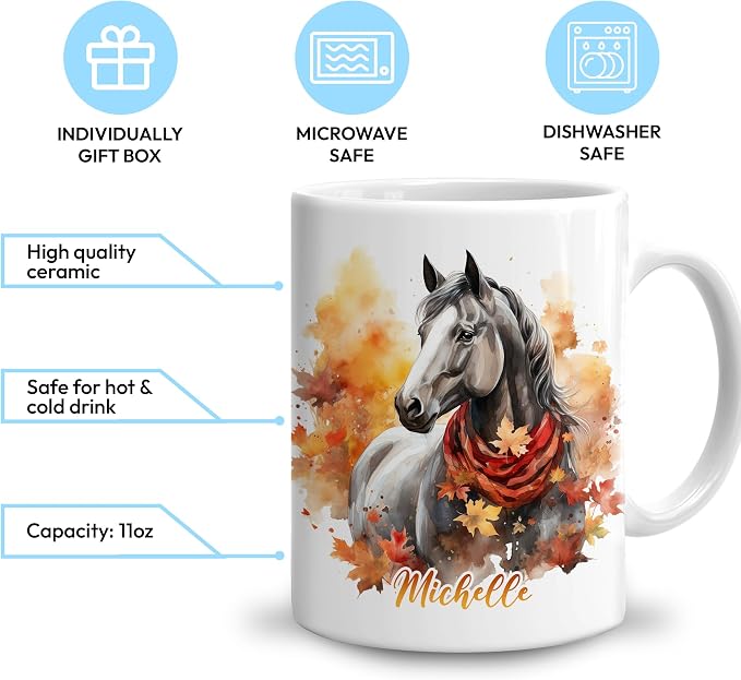 Hyturtle Personalized Fall Horse Maple Leaves Coffee Mug Gifts for Women | Birthday Gifts For Horse Lovers, Fall Autumn Decor Gift For Farmhouse Thanksgiving, Custom Name 11oz White Ceramic Tea Mug - Image 3