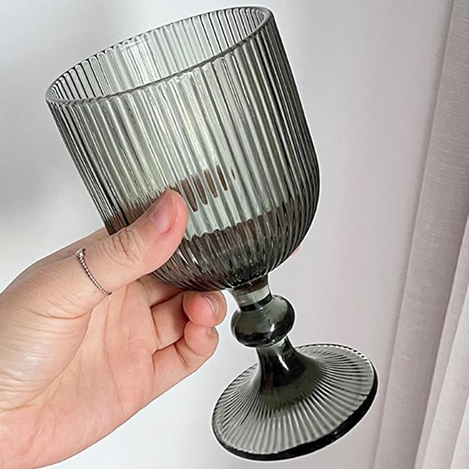 Taganov Water Goblets set of 6 Vintage Glassware 13 oz Colored Wine Glass Drinking Glass Vertical Line Embossed Pattern Stemmed Cups for Wedding Party Bar Grey - Image 5