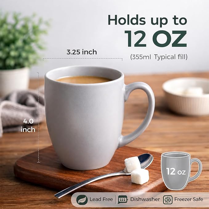 AmorArc 12 oz Coffee Mugs Set of 6, Ceramic coffee mugs with large handle for Men Women, Coffee Mugs for Coffee,Tea,Latte,Cocoa. Easy to Hold&Clean, Dishwasher&Microwave Safe, Matte Grey - Image 2