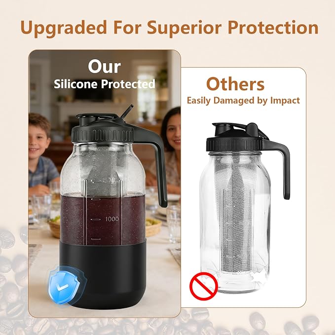 Cold Brew Coffee Maker, 64oz Mason Jar Pitcher with Stainless Steel Filter, Leak-Proof Lid with Pour Spout & Handle, Heavy Duty Glass Iced Coffee Tea Brewer with Protective Silicone Sleeve-Black - Image 4