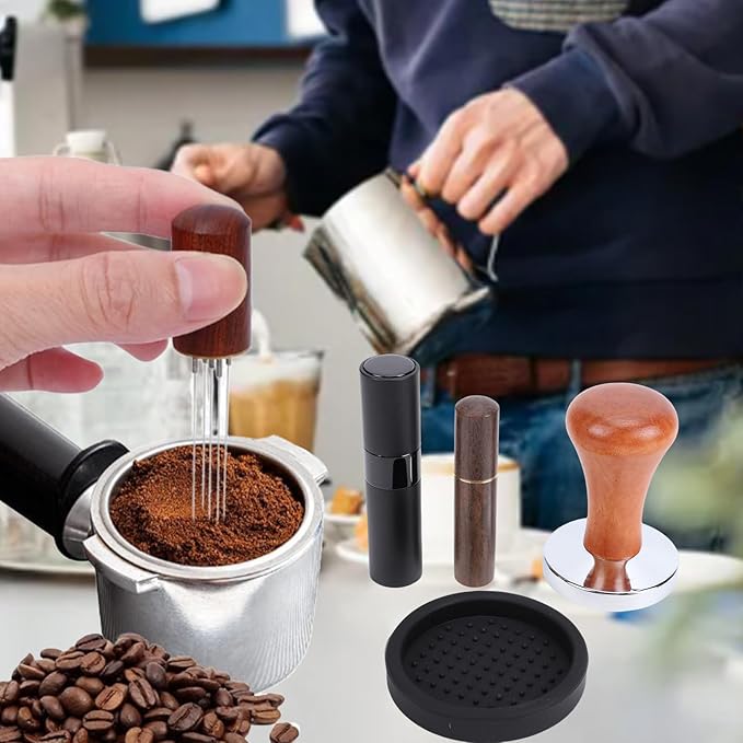 Aramox 4 Pcs Coffee Tamper Set, 58mm Barista Tools with Distribution Needle, Non Slip Silicone Base and Bean Spray Bottle for Home Coffee Making