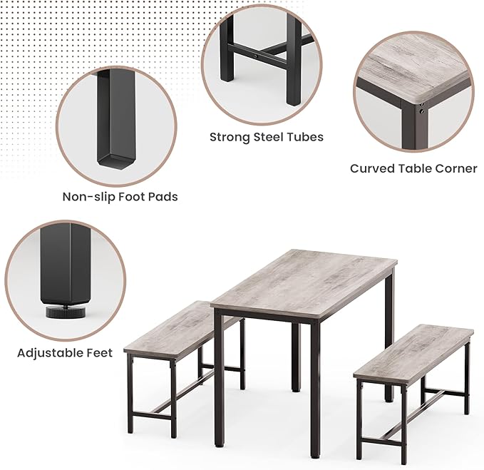 Dining Table Set for 4, Kitchen Table with 2 Benchs, Grey | Modern Functional 3 Piece Space-Saving Dining Room Table Set for Apartment, Breakfast Nook, Small Space - Image 5