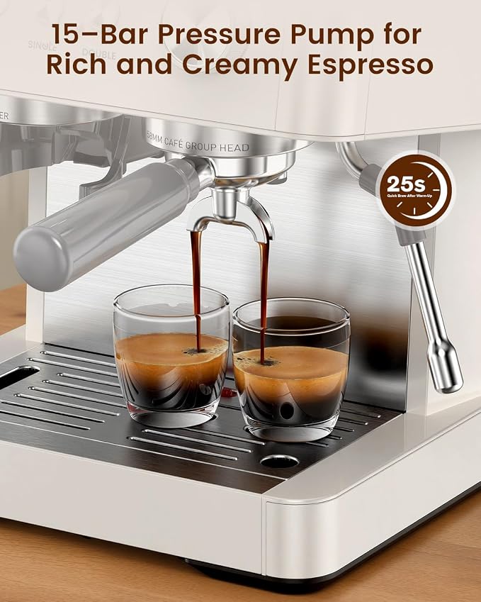 (2026 Upgrade) Espresso Machine with Grinder, 15 Bar Expresso Coffee Machines, Professional Coffee Maker for Latte&Cappuccino with Milk Frother, Expresso Machines for Home Descaling Kit Included White - Image 3