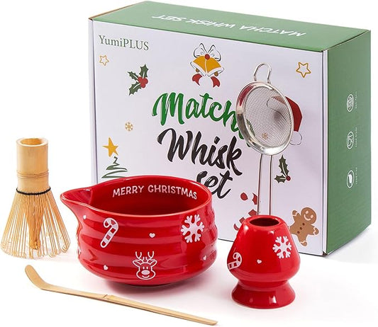 5pcs Premium Matcha Set,Ceramic Bowl with Spout and Bamboo Whisk set, Ceremonical Matcha Kit for holiday,Tea Starter Making Kit,Christmas Matcha Gift set (Reindeer Red)