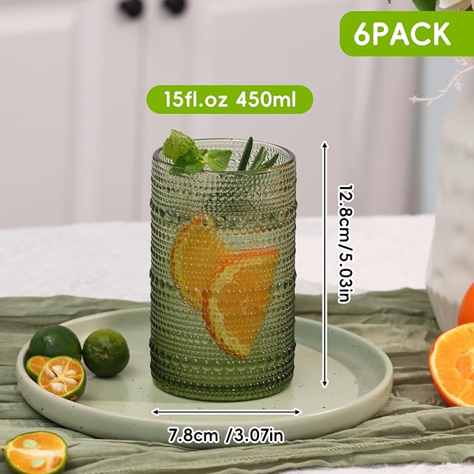 Moretoes 15oz Green Hobnail Drinking Glasses Set of 6 | Vintage Highball Glass Cups, Kitchen Drinkware Glassware for Beer,Cocktail,Whiskey,Juice and Various Mixed Drinks - Image 2