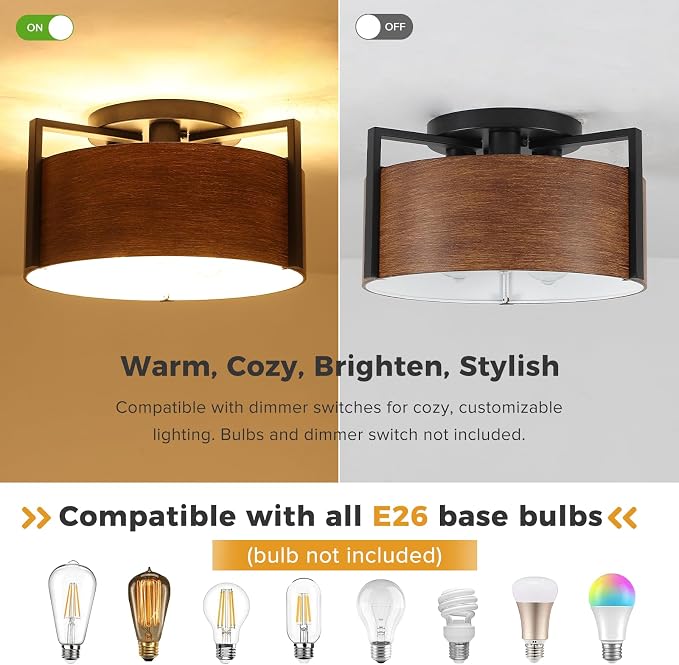 15'' Farmhouse Semi Flush Mount Ceiling Light, 3-Light Rustic Hallway Entryway Light Fixtures, Metal Wood Grain Finish Close to Ceiling Lights for Kitchen Dining Room Bedroom Living Room Foyer - Image 6
