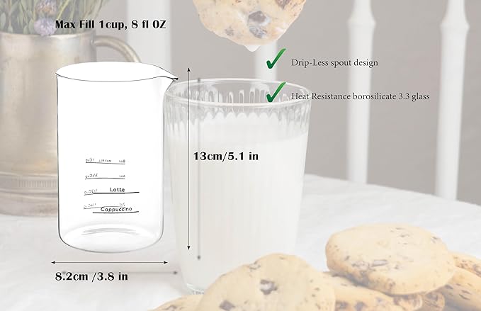Milk Frother Cup compatible with Keurig SimpleCafé Milk Frother, Clear Glass, 8 oz Capacity with Measurement Markings, Pour Spout