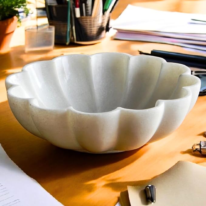 10" Large Ruffle Scalloped Bowl for Home marble decor, Handcrafted White Marble Decorative Bowl – Entryway, Kitchen Counter & Living Room kitchen counter decor - Image 3