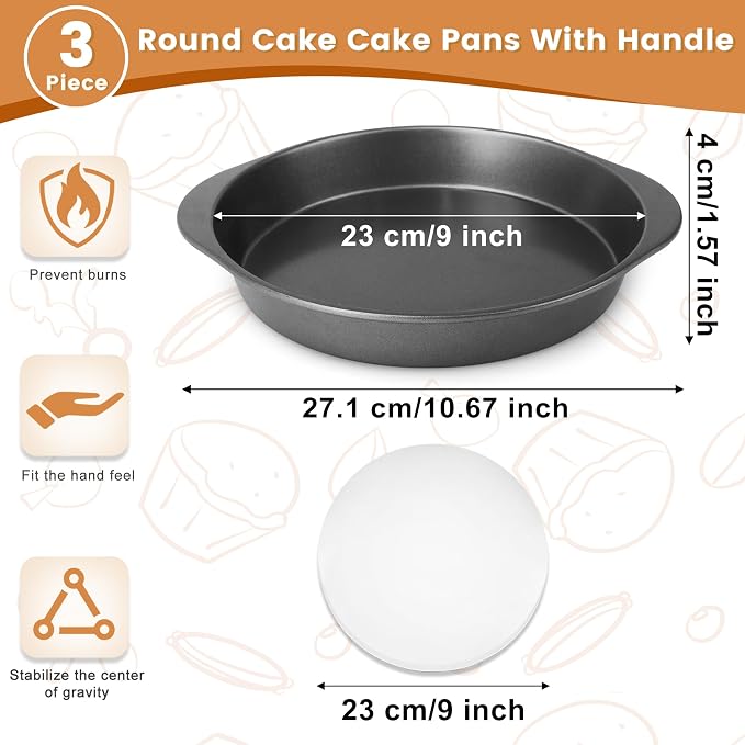 BEWOS 9 Inch Cake Pan Set - 100 Pcs Parchment Paper With 3 Pcs Carbon Steel Round Cake Pans, Nonstick Baking Pans Set With Handle, Dishwasher Safe - Image 2