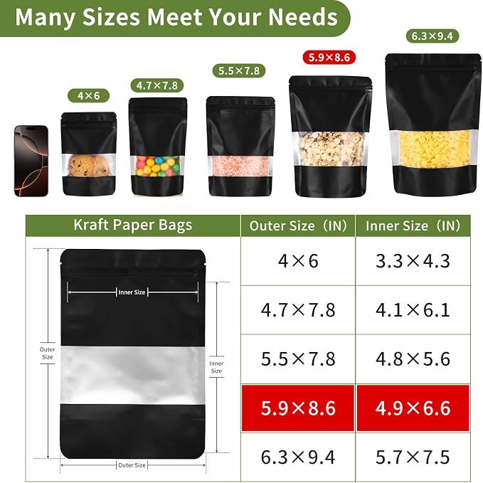 Motomy 100Pcs 5.9x8.6 Inch Stand Up Pouches Black Mylar Bags | Zipper Food Storage Coffee Snacks Baked Food Packaging for Small Business - Image 2