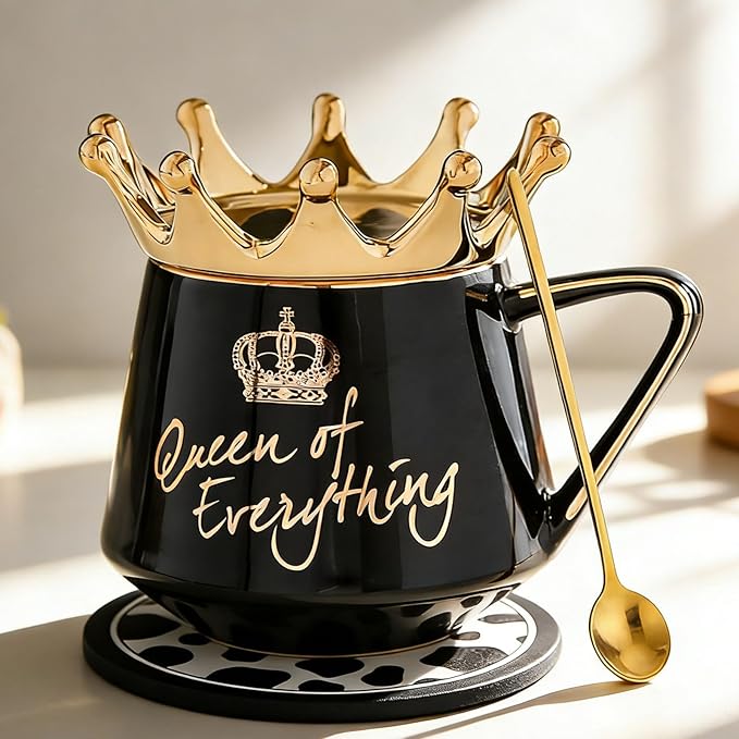 Arawat Queen of Everything Mug with Lid Sweet Black Mug with Crown Coffee 12 oz Mug Gift with Spoon & Coaster Ceramic Tea Mug Birthday Gift for Women Mom Girlfriend Valentine's Day Gifts for Women Man by ARAWAT