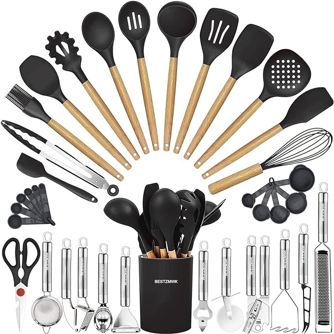 Cooking Utensils Set- 35 PCs Kitchen Utensils with Grater,Tongs, Spoon Spatula &Turner Made of Heat Resistant Food Grade Silicone and Wooden Handles Kitchen Gadgets Tools Set for Nonstick Cookware by BESTZMWK