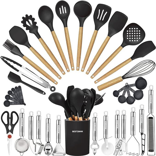 Cooking Utensils Set- 35 PCs Kitchen Utensils with Grater,Tongs, Spoon Spatula &Turner Made of Heat Resistant Food Grade Silicone and Wooden Handles Kitchen Gadgets Tools Set for Nonstick Cookware by BESTZMWK