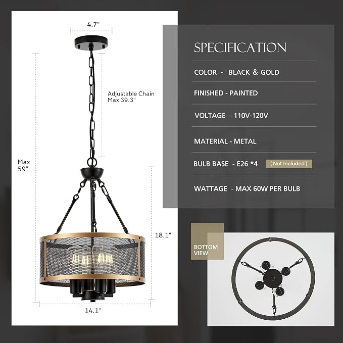 Modern 14" Small Black Gold Mesh Drum Chandelier for Dining Room Industrial Retro Semi Flush Mount 4-Light Round Ceiling Light Fixture for Kitchen Bedroom Living Room Hallway Entryway Foyer - Image 2