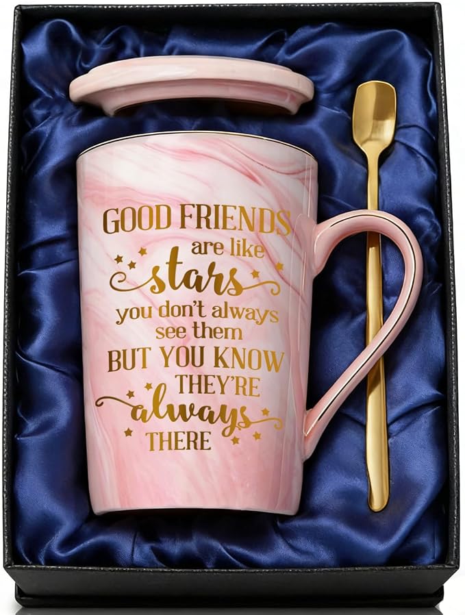 ShinnyWis Best Friend Birthday Gifts for Women, Friendship Gifts for BFF Bestie Sister - Good Friends Are Like Stars Mug, Funny 14 oz Pink Marble Gold Print Coffee Mug with Gift Box by ShinnyWis