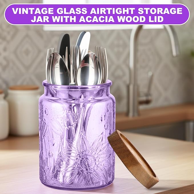 LemonRoad 4 Pcs Vintage Purple Glass Storage Jars 23.7 oz Mason Jar Canister with Wood Lids Food Storage Container for Cookie, Pantry, Candy Kitchen, Coffee, Tea, Flour, Sugar, Decorative Home Decor - Image 4