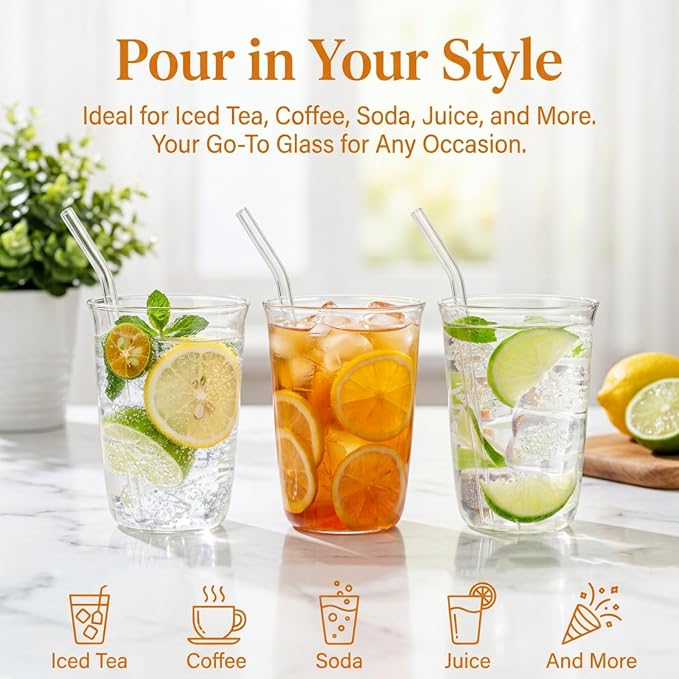 6 Pieces Drinking Glasses with Straw, 16 Oz Clear Water Glass Set | Lead-free Highball Glass Cup Kitchen Glassware for Juice, Beverage, Cocktail, Ice Tea, Coffee, Soda - Image 3