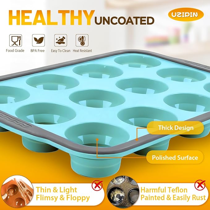 Silicone Muffin Pan, 12 Cups Non-Stick Cupcake Pan, Food-Grade BPA-Free Muffin Tin, Oven-Safe 450 °F, Reinforced Steel Frame, Easy-Grab Handles, Quick-Release 2.3" Baking Molds for Mini Treats - Image 3