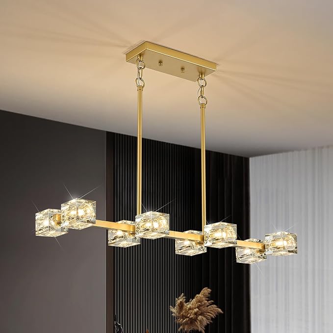 Modern Crystal Chandelier 8-Light Gold Sputnik Ceiling Pendant Lights L 31.5" Dining Room Hanging Light Fixture for Kitchen Island Over Table Living Room Bedroom by PoemoonLighting
