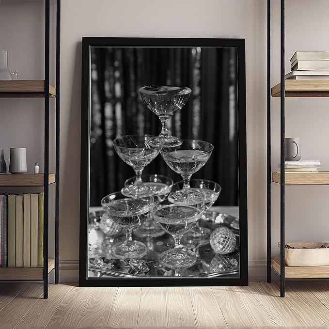 UXCBIA Stacked Champagne Glasses With Mirror Balls, Black And White, Wine Glasses Poster Canvas Poster Bedroom Decor Sports Landscape Office Room Decor Gift Black Frame 12x18in(30x45cm) - Image 4