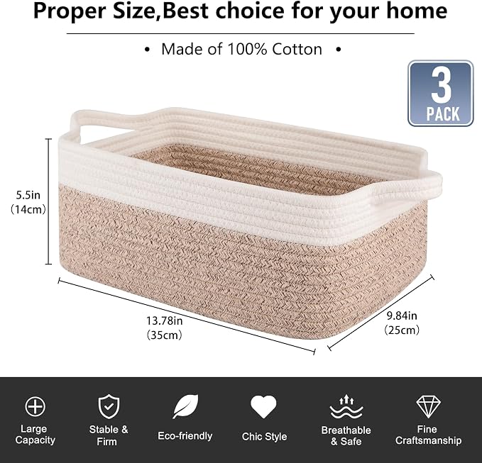 OIAHOMY 3 Pack Storage Baskets for Organizing, Woven Cotton Rope Basket for Shelves, Closet Organizer Bins with Handles, Rectangle Toy Organization, 13.78''×9.84''×5.5'', Brown & White - Image 3