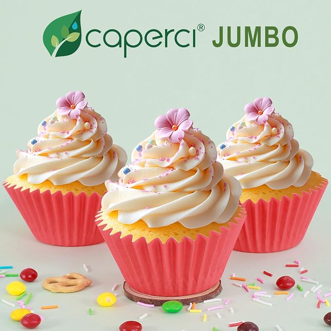 Caperci Heavy Duty Jumbo Cupcake Muffin Liners for Baking - Extra Large 100pcs Grease-Resistant Red Paper Baking Cups, No Muffin Pan Needed, Odorless, Easily Peels (Red) - Image 7