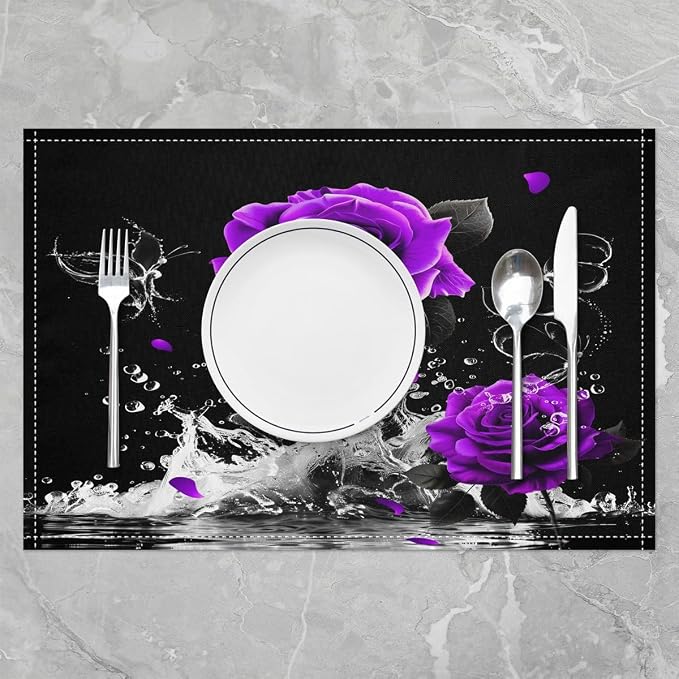 Feelyou Purple Rose Table Place Mats Romantic Floral Blossom Placemats Set of 4 for Women Black Purple Placemat for Kitchen Dining Table Reflection on Water Indoor Outdoor Decor Table Mats 18"x12" - Image 2