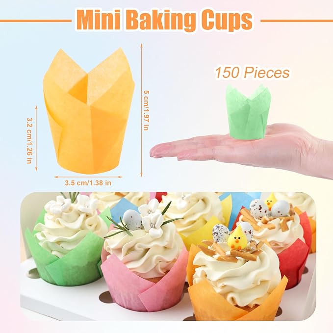 150 Pcs Mini Cupcake Liners Muffin Liners Baking Cups | Tulip Cupcake Liner for Baking Wedding, Birthday, Baby Shower Parties, 6 Colors - Image 2