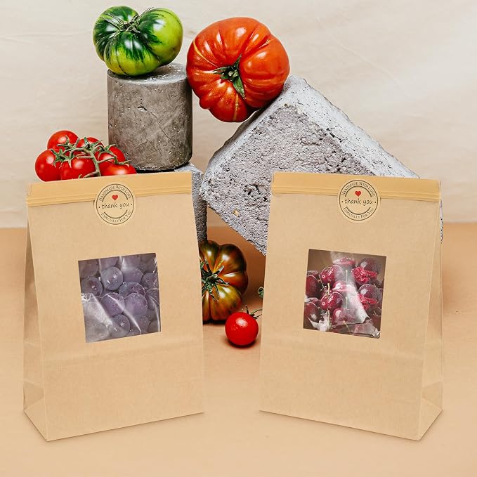 25-Piece Kraft Paper Bags with Window, Tin Tie Tab Locks and Free Stickers (5.9'L x 2.8'W x 9'H) for Food Storage - Image 7