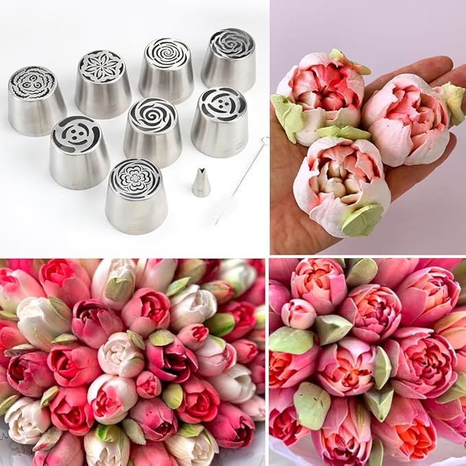 8 Pieces Stainless Steel Extra Large Russian Piping Tips Set,Flower Icing Nozzles with 1 Cleaning Brush,1 Small Leaf Icing Tip for Making Marshmallows,Cupcakes Bouquet,Buttercream Baking Tools