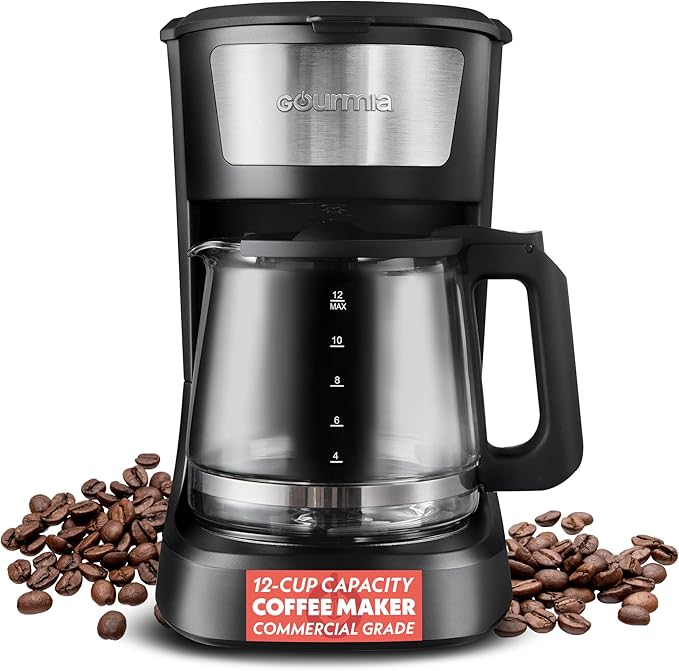 Gourmia 12 Cup One-Touch Coffee Maker – Pause and Serve with Automatic Keep Warm, Easy View Water Window, Compact Design, Stainless Steel Accents, Black by Gourmia