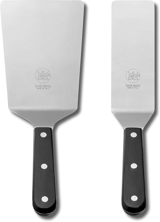 DUE BUOI set Wide Spatula blade dimension 4" x 6"1/3 and Narrow blade dimension 2" x 6" 1/3. Full Tang Triple Riveted. Non-stick Durable. ICQ Approved.