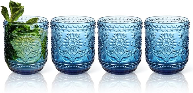 Topsky Vintage Drinking Glasses Set of 4,12oz Drinkware Set,Blue Glass Cups Wine Glasses Colored Glassware for Whisky,Beer,Juice,Cocktail,Heavy Duty by HomeandKitchenNO1
