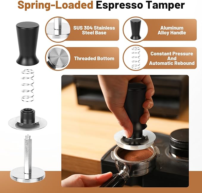 53mm Espresso Tamper Kit - Spring-loaded Coffee Tamper, Adjustable Depth Espresso Distributor Leveler, Magnetic Dosing Funnel Aluminum Metal, Reusable Puck Screen, Fit for 53mm Portafilters