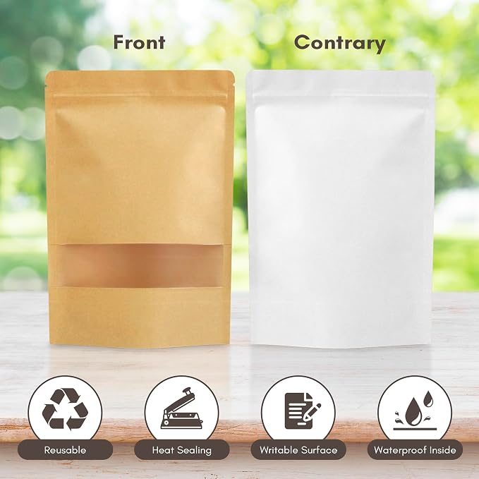 DiRose Kraft Stand Up Pouches with Window, Reclosable Food Storage Bags, Heat Sealable Stand Up Pouch for Coffee, Candy, Nuts, Tea, Spices – 4 oz (300 Pack) - Image 3