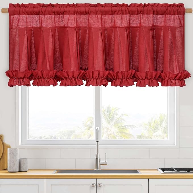 Likiyol Linen Valances for Windows Farmhouse Window Valances with Ruffle Rustic Country Light Filtering Kitchen Valance Curtains Rod Pocket Valance for Bathroom Cafe, Red, 52" W X 18" L - Image 9