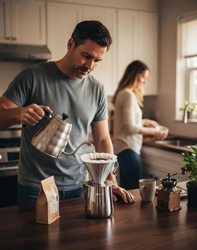 AGOGO Portable Pour Over Coffee Maker V60 Set - Easy Cleaning Compact 304 Stainless Steel Dripper for Camping & 50 Filters Paper & Cleaning Rag Silvery 20 oz