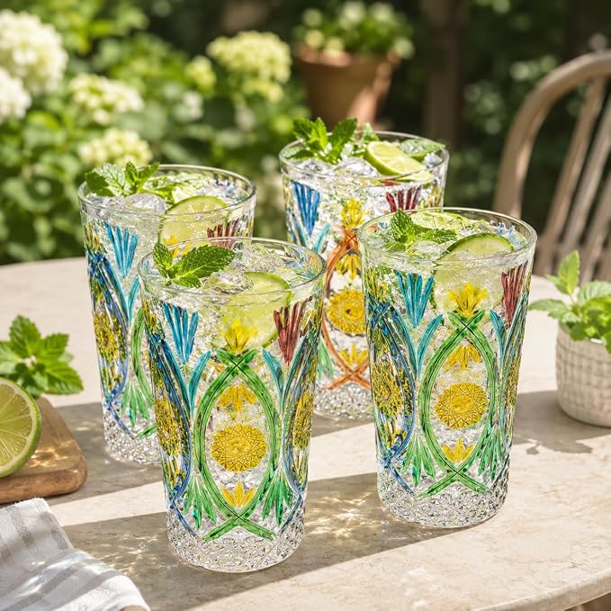 Tumbler Glasses 14oz Drinking Glasses Set of 2, Hand Painted Floral | Highball Glasses Lead-Free Crystal Tall Water Glass Glassware for Mojito, Cocktail, Juice, Bar, Kitchen & Everyday Use - Image 4