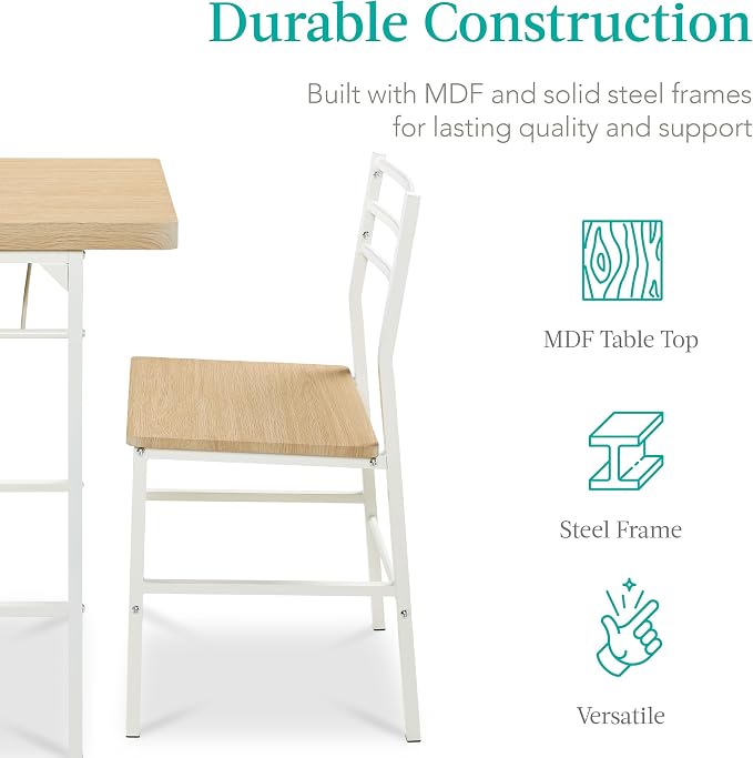 Best Choice Products 3-Piece Modern Dining Set, Space Saving Dinette for Kitchen, Dining Room, Small Space w/Steel Frame, Built-in Storage Rack - Natural/White - Image 6