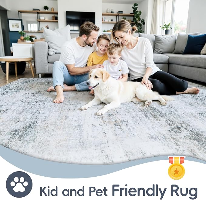 10x14 Washable Area Rug for Living Room Bedroom: Non-Slip Modern Blue Grey | Machine Washable TPR Backing, Stain-Resistant Low Pile, Pet & Kid Friendly, Abstract Decor for Dining Room, Dorm, Home Office - Image 4