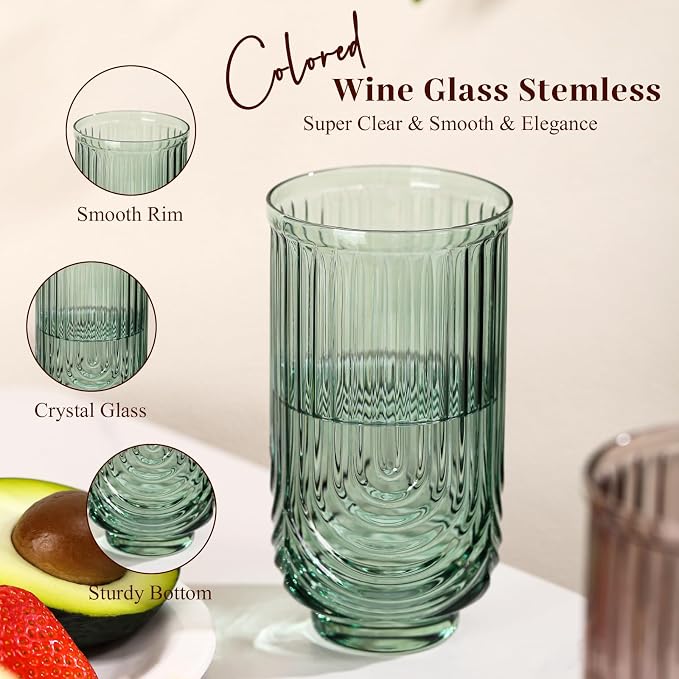 Colored Vintage Drinking Glasses Set of 6-17oz Hand-Blown Highball Ribbed Glassware, Arch Design Cocktail Glasses for Whiskey Water Beverages Ice Coffee Juice Milk - Image 3