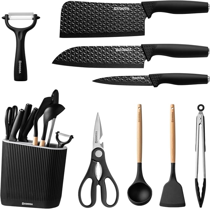 Knife Set with Block,9 Pieces Kitchen Knives and Heat Resistant Silicone Kitchen Utensils Set with Wooden Handle,Ideal Cooking Tools for Kitchen by GOODAMakesYouAGoodCook